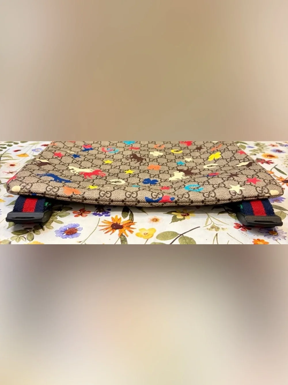 EUC! GUCCI Kids Beige GG Canvas Backpack with Yellow Trim & Multicolor Icons🐴⭐️